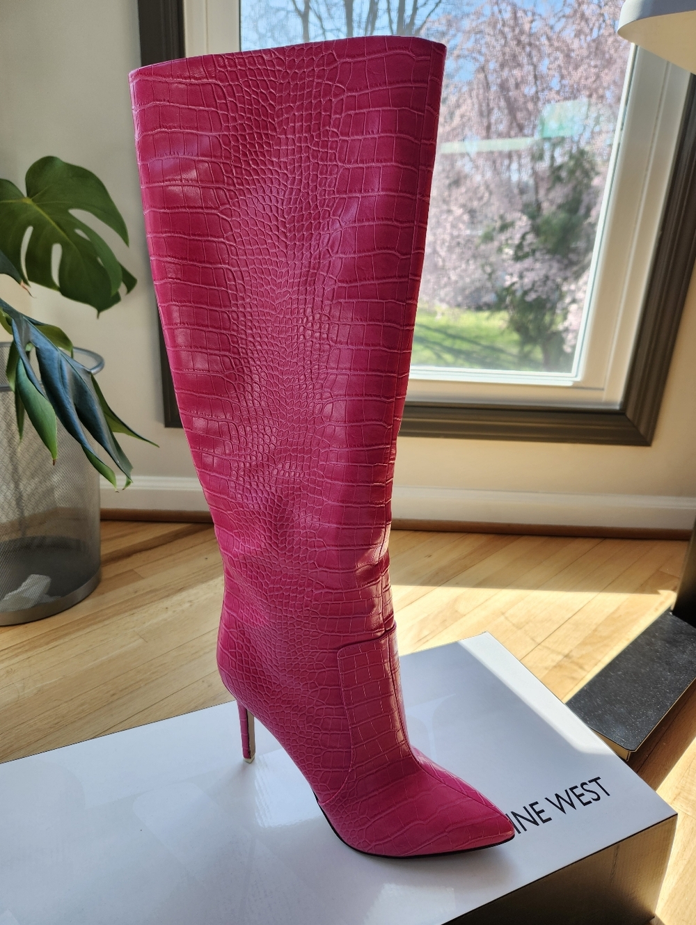 Nine West Pink Croc-Embossed Knee-High Stiletto Boot